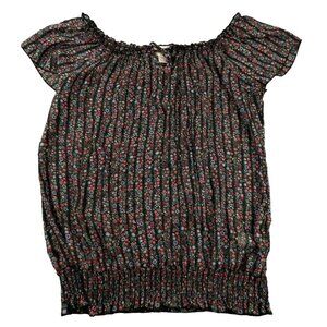 Womens Black Floral Top Elastic Bottom Blousy Light & Breezy size XL  JH1092